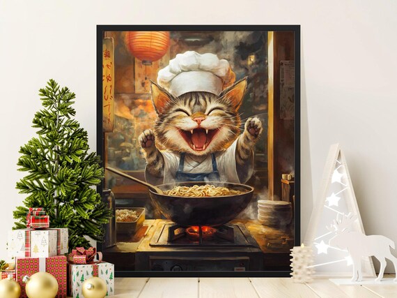Joyful Tabby Cat Chef Cooking Noodles In Wok Restaurant Poster