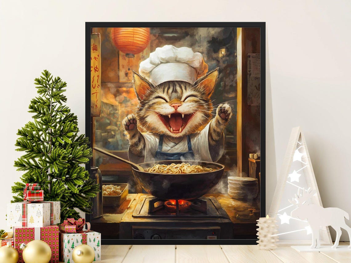 Joyful Tabby Cat Chef Cooking Noodles In Wok Restaurant Poster