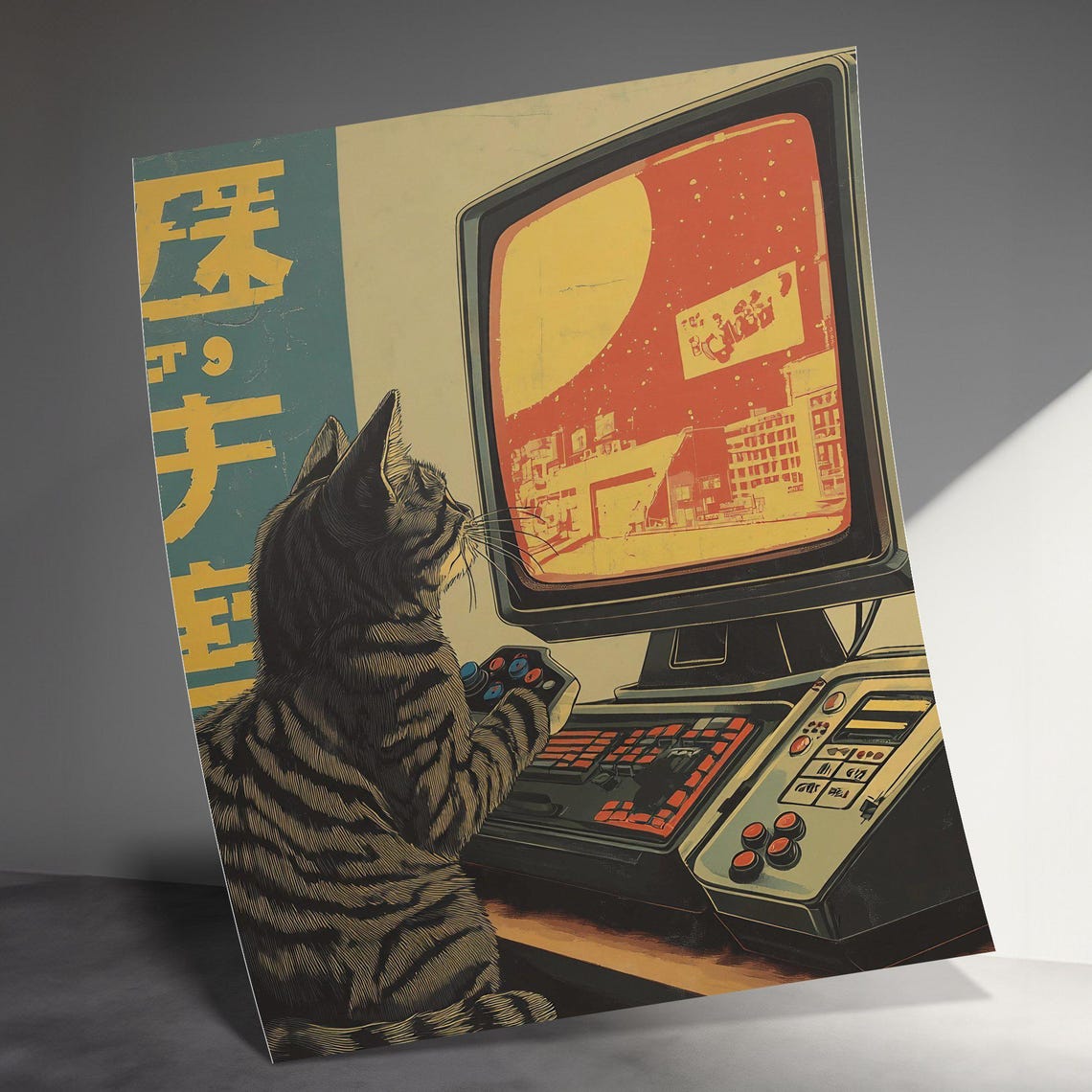 Tabby Cat Playing Retro Game Vintage Console City Moonlight Poster - Image 3