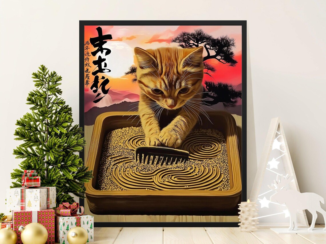 Orange Kitten Raking Zen Sand Garden Japanese Sunset Calligraphy Poster