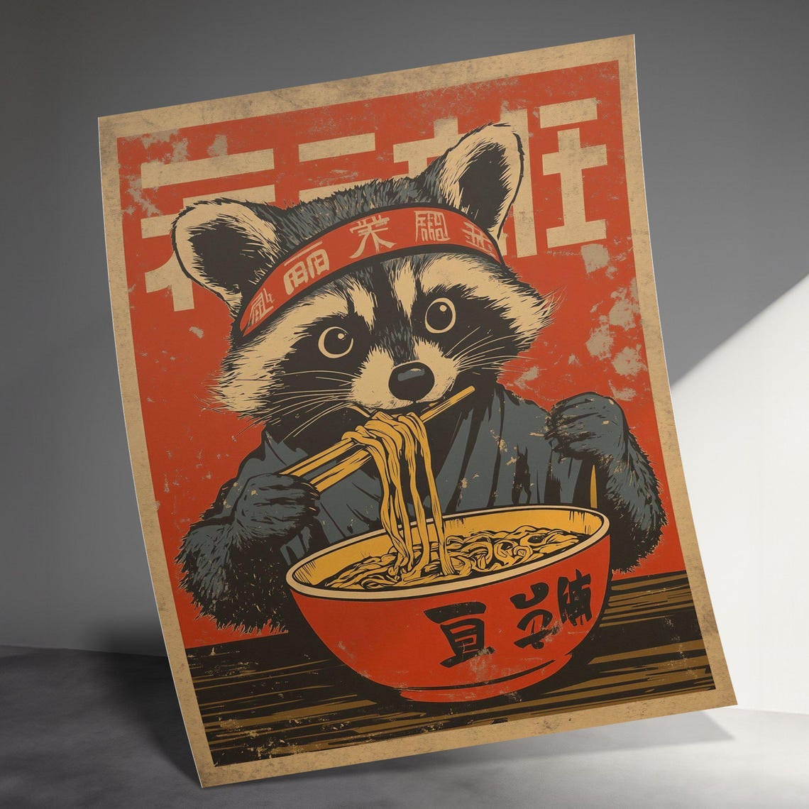 Kawaii Raccoon Eating Ramen Headband Retro Japanese Wall Art Poster - Image 3