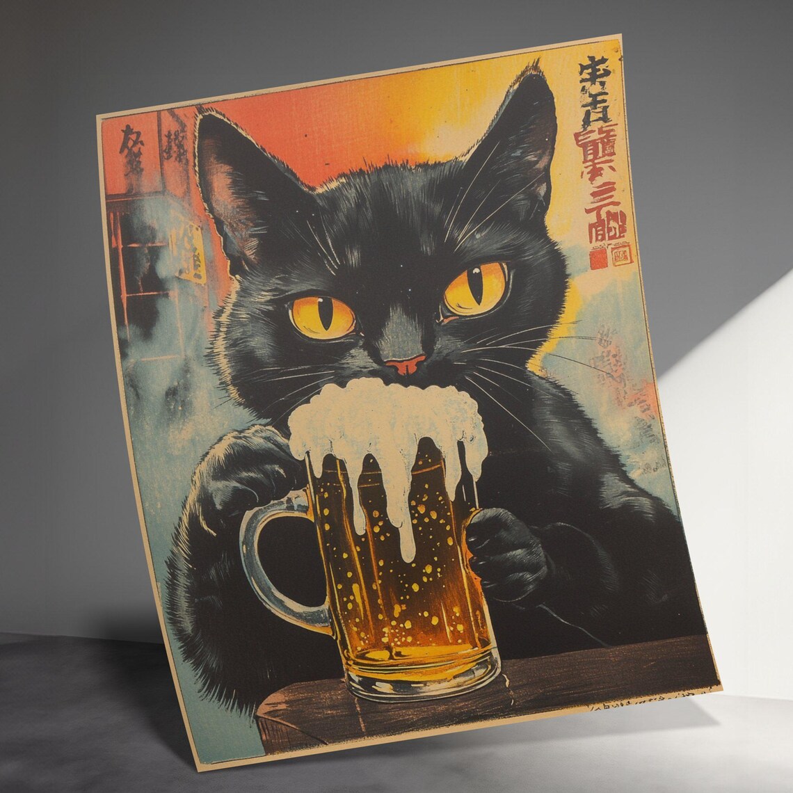 Black Cat Drinking Foaming Beer Mug Vintage Japanese Bar Art Poster - Image 3