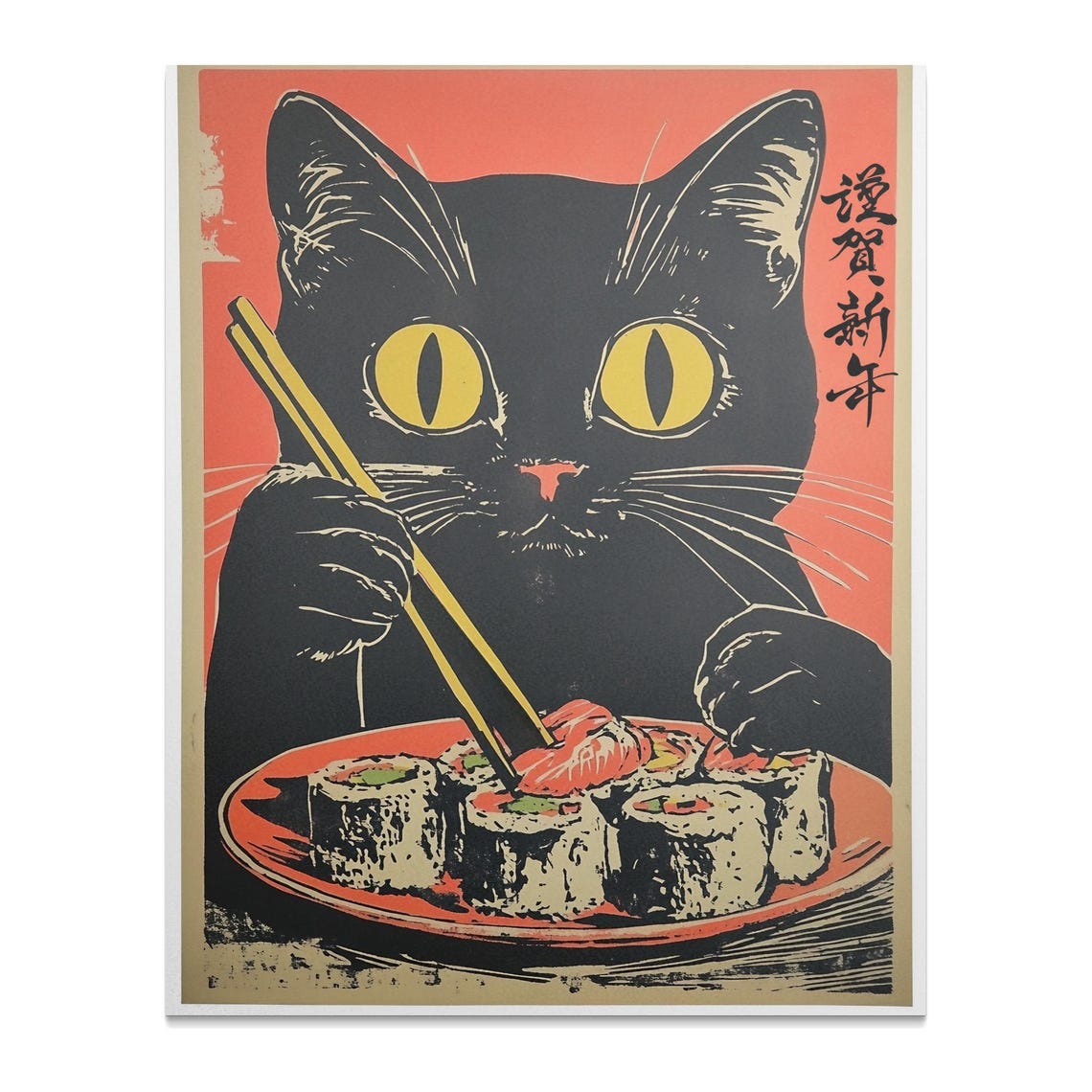Retro Japanese Black Cat Eating Sushi Chopsticks Poster Wall Art - Image 2
