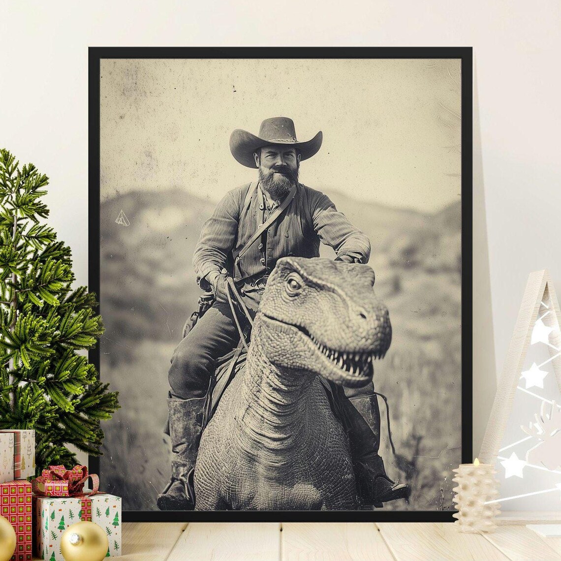 Cowboy Riding T-Rex Dinosaur Wild West Fantasy Vintage Photo Wall Art