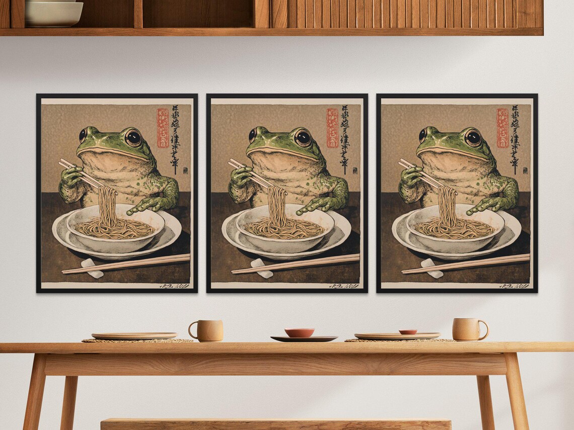 Vintage Japanese Frog Eating Noodles Chopsticks Ukiyo-e Style Art Poster - Image 2