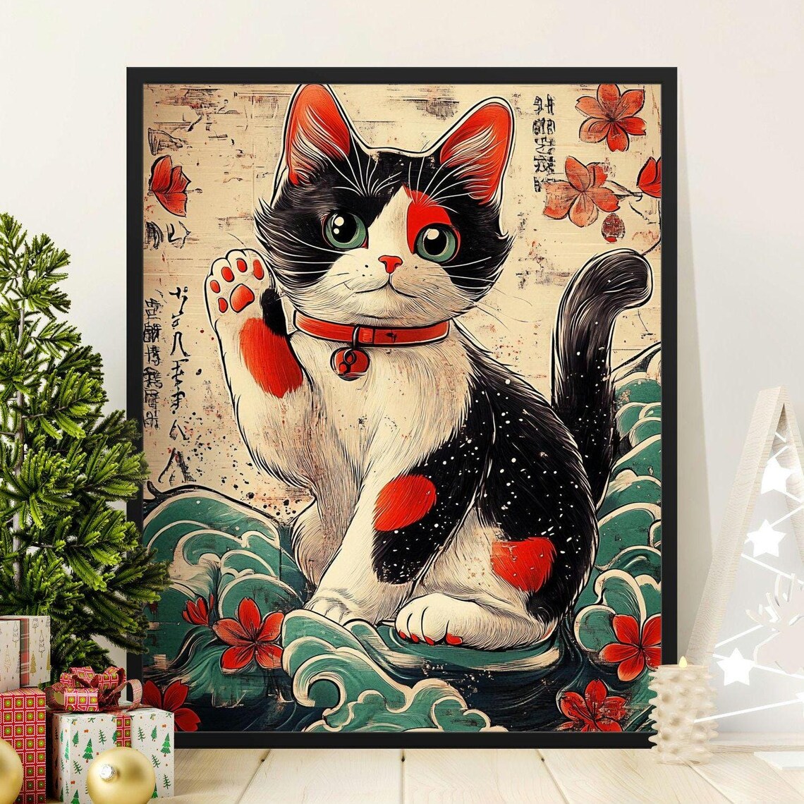 Maneki Neko Lucky Cat Waving Paw Japanese Cherry Blossom Poster