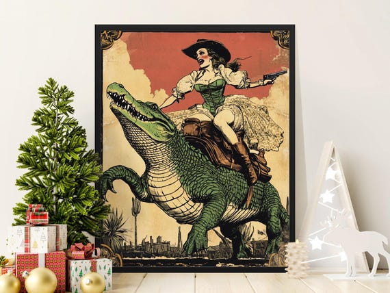 Vintage Western Cowgirl Riding Alligator Poster Unique Wild West Art Animal Adventure Wall Decor Print Steampunk Fantasy Artwork