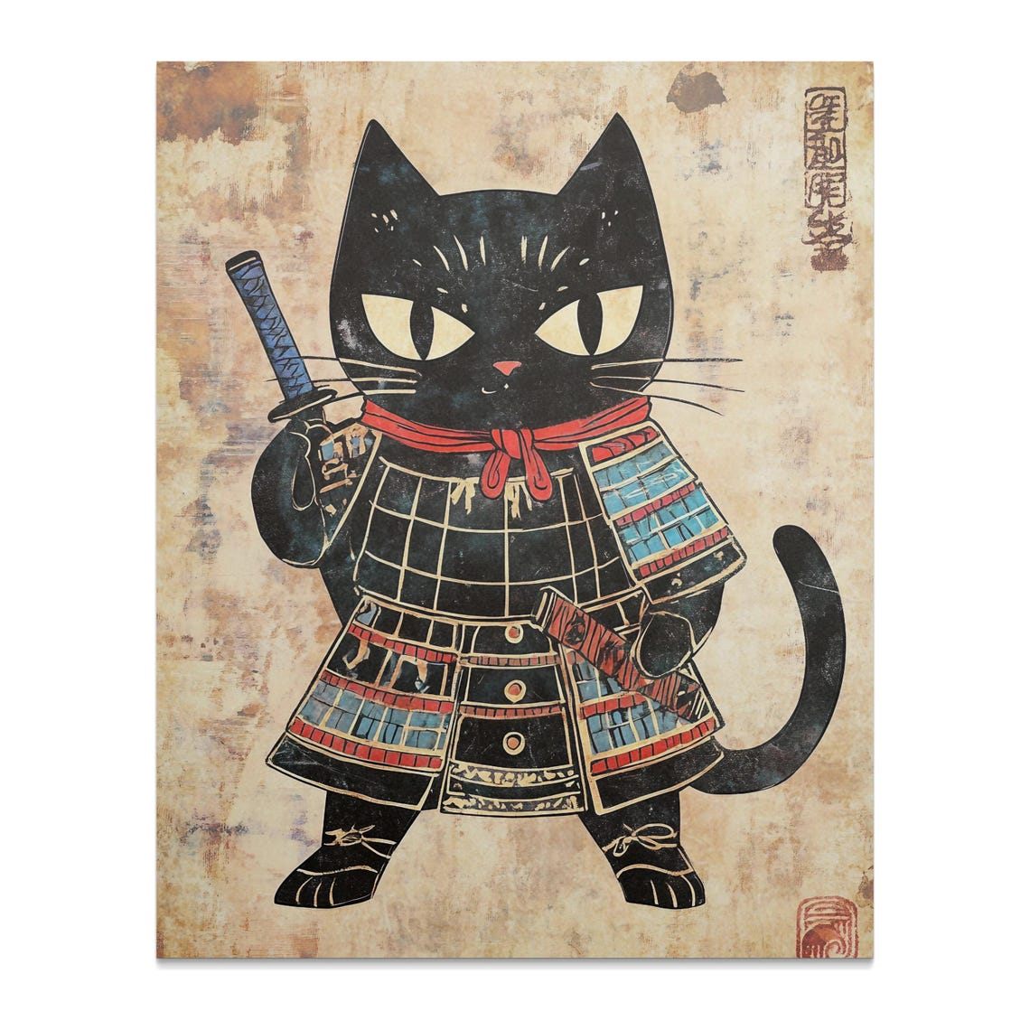 Black Cat Samurai In Armor With Katana Japanese Ink Style Poster - Image 2