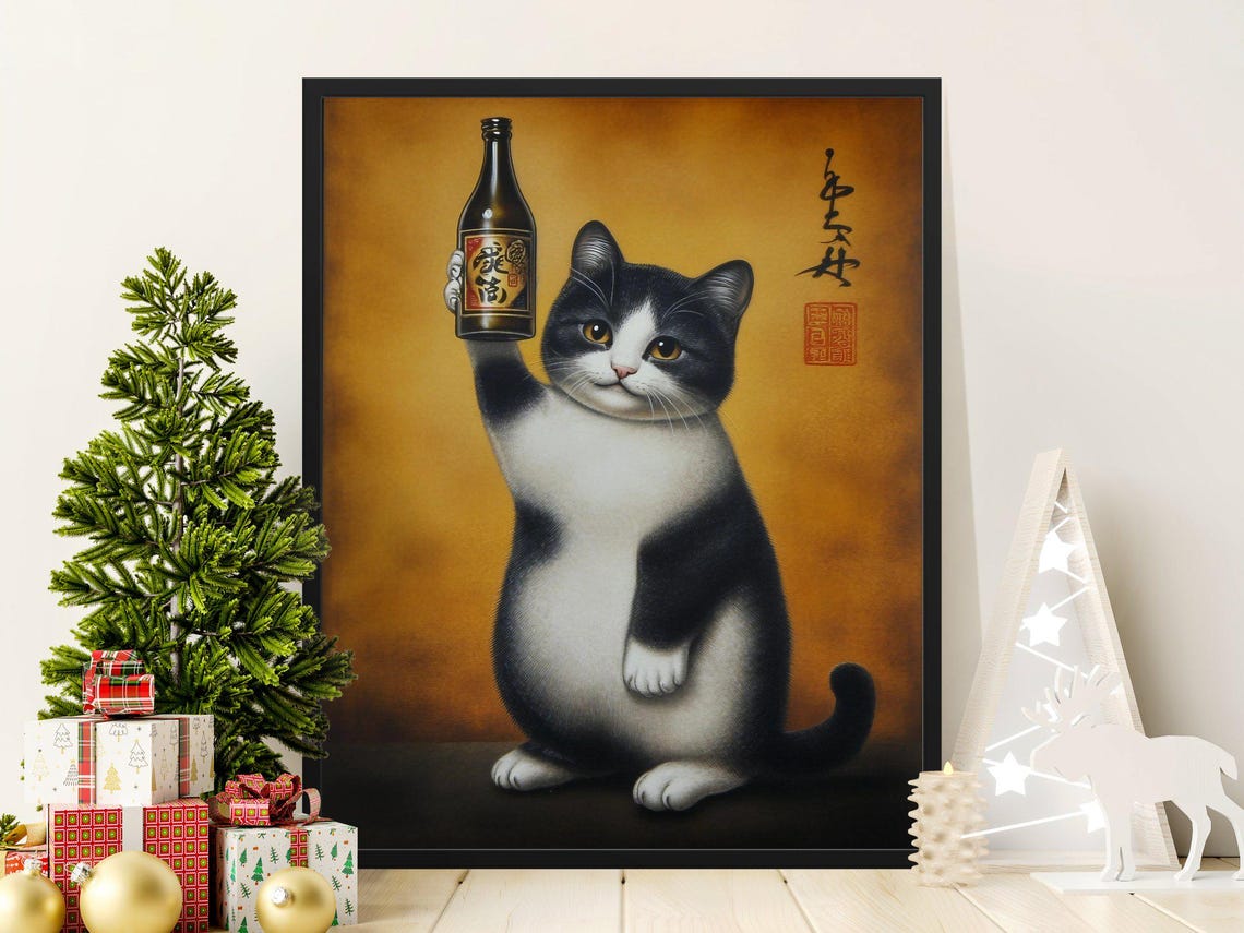 Tuxedo Cat Holding Sake Bottle Japanese Vintage Golden Poster - Image 2