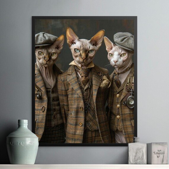 Three Steampunk Sphynx Cats in Tweed Suits Vintage Portrait Poster
