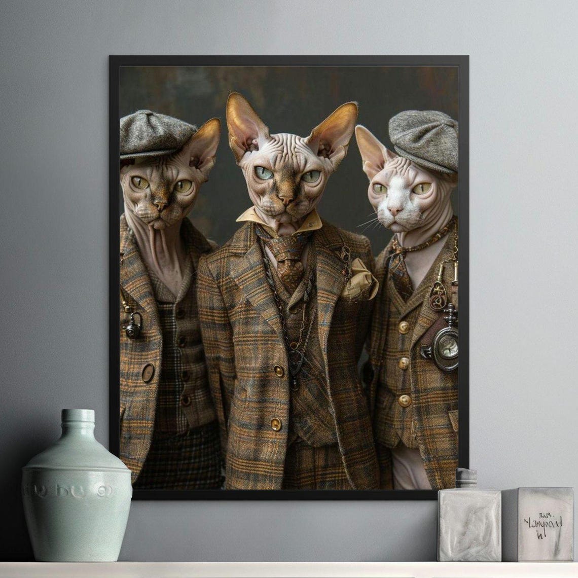 Three Steampunk Sphynx Cats in Tweed Suits Vintage Portrait Poster