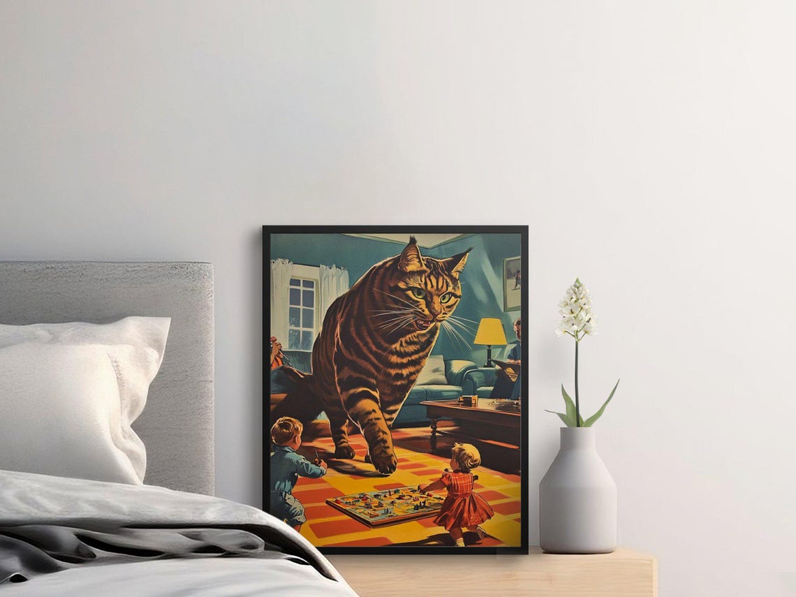 Giant Cat Looming Over Kids Retro Surreal Funny Cat Art Poster - Image 2