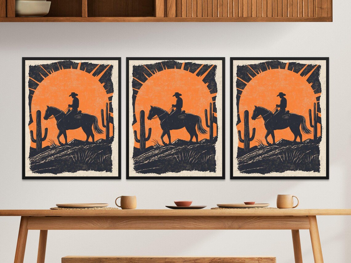 Cowboy on Horse Orange Sunburst Cactus Desert Linocut Style Art Print - Image 2