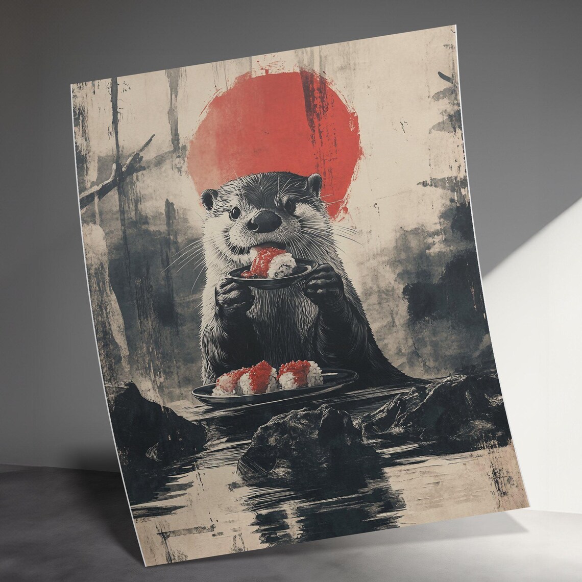 Otter Eating Sushi Red Sun Japanese Ink Painting Style Animal Poster - Image 3