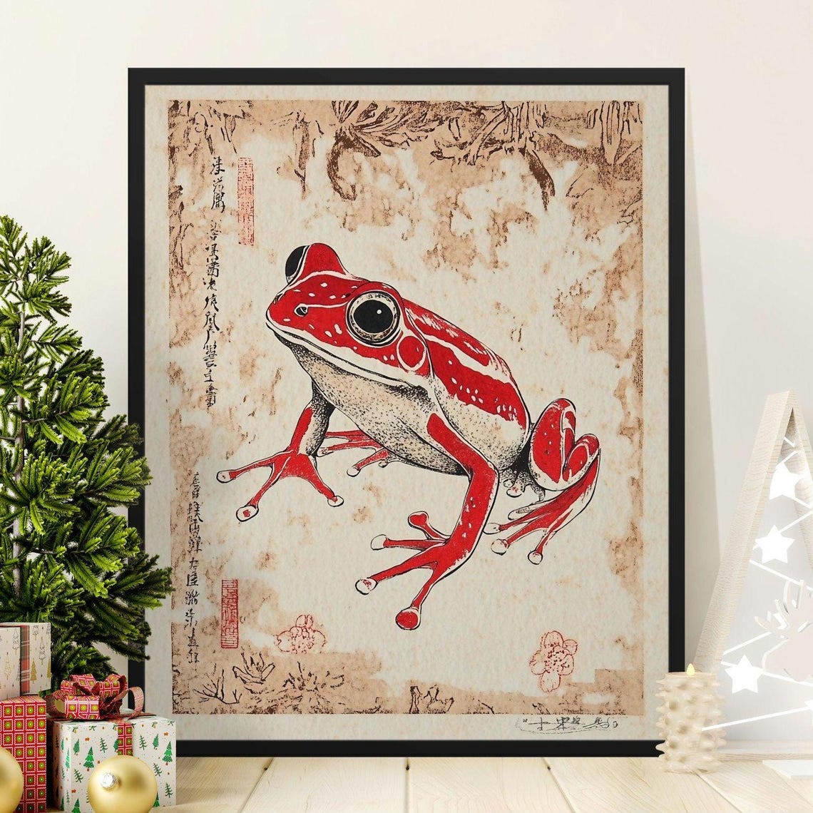 Red Frog Vintage Japanese Ink Style Traditional Wildlife Poster