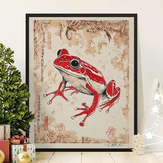 Red Frog Vintage Japanese Ink Style Traditional Wildlife Poster