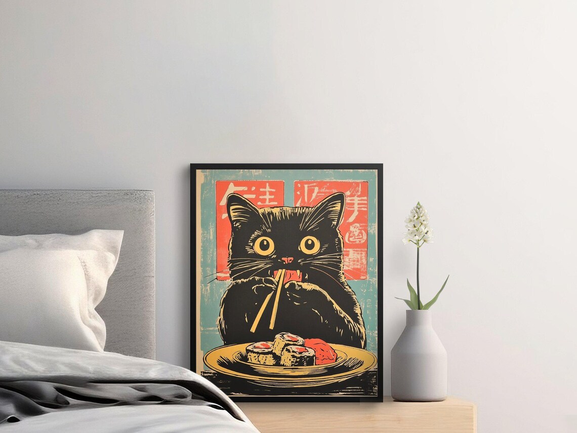 Black Cat Eating Sushi With Chopsticks Vintage Japanese Food Poster - Image 2