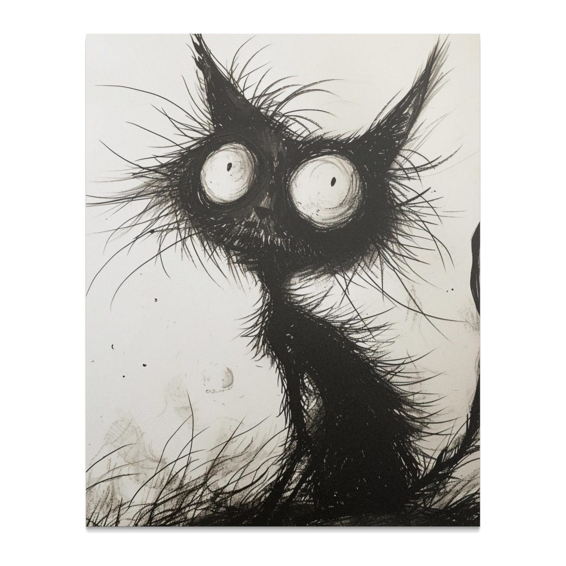 Spooky Black Scruffy Cat Huge Round Eyes Ink Sketch Art Poster - Image 2