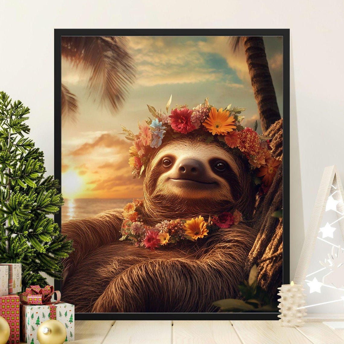 Smiling Sloth With Tropical Flower Crown at a Beach Sunset Wall Art
