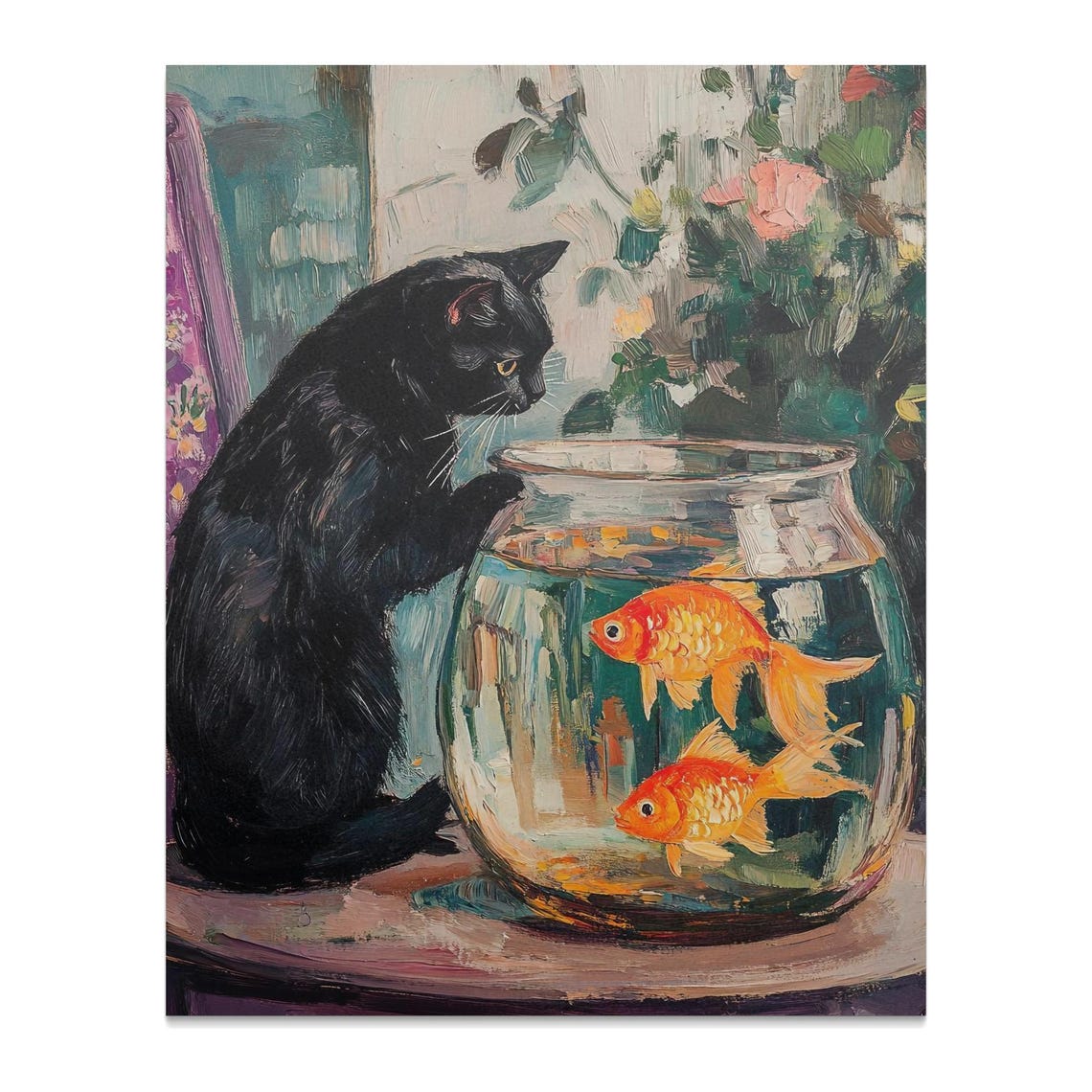 Black Cat Watching Goldfish Bowl Impressionist Style Animal Poster - Image 2