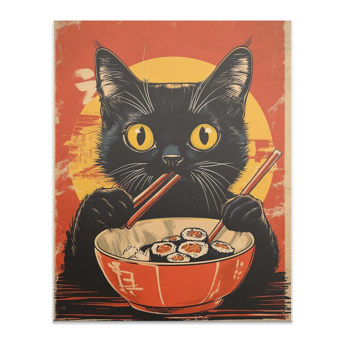Vintage Black Cat Eating Sushi With Chopsticks Retro Kitchen Wall Poster - Image 2