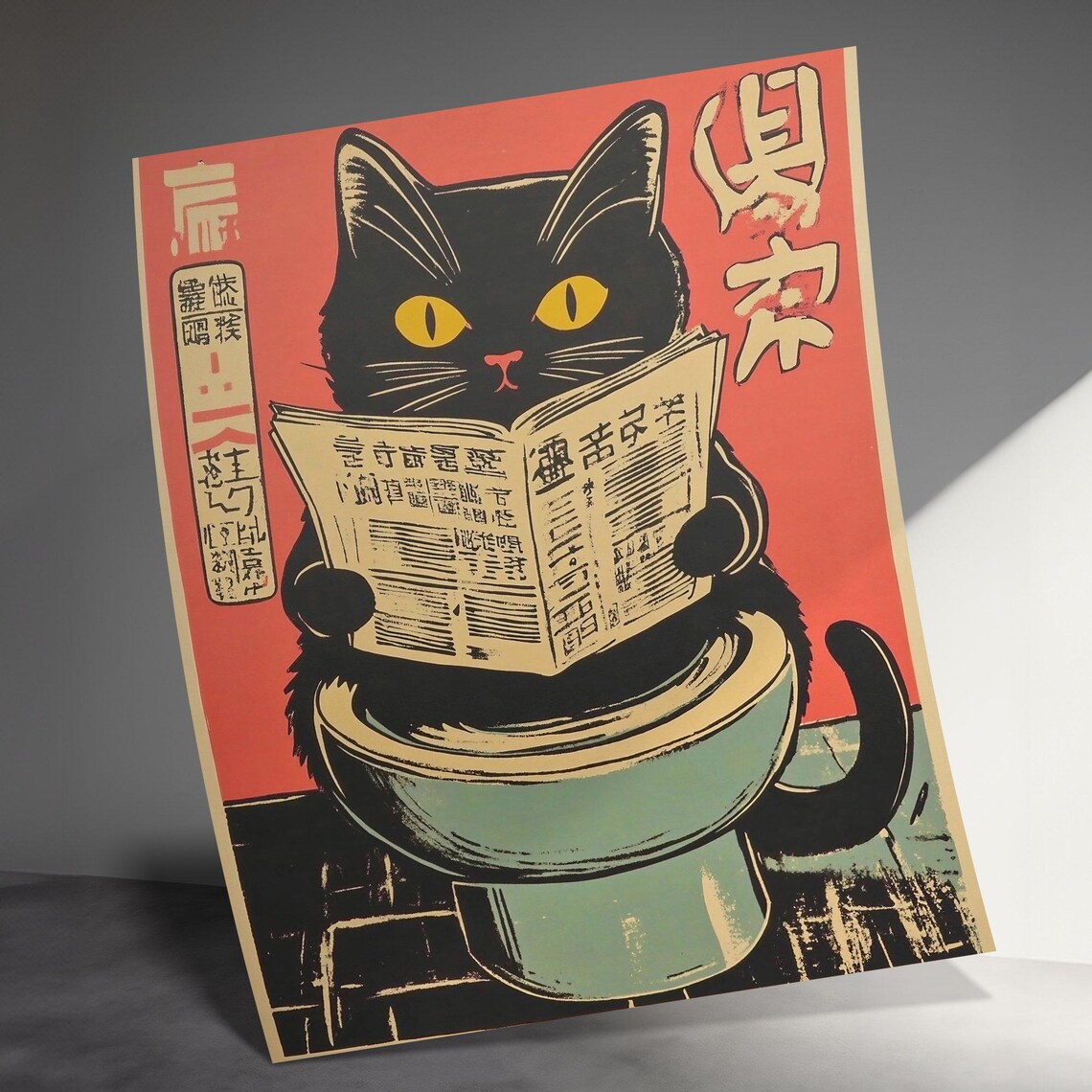 Black Cat Reading Newspaper On Toilet Funny Bathroom Wall Art Poster - Image 3