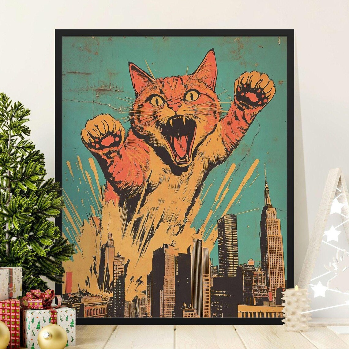 Giant Orange Cat Attacking City Skyline Retro Monster Movie Poster