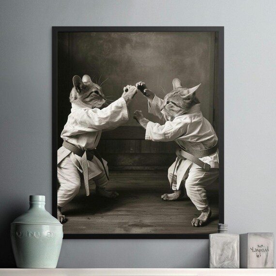Two Cats Sparring in Karate Gis Vintage Sepia Photography Wall Art
