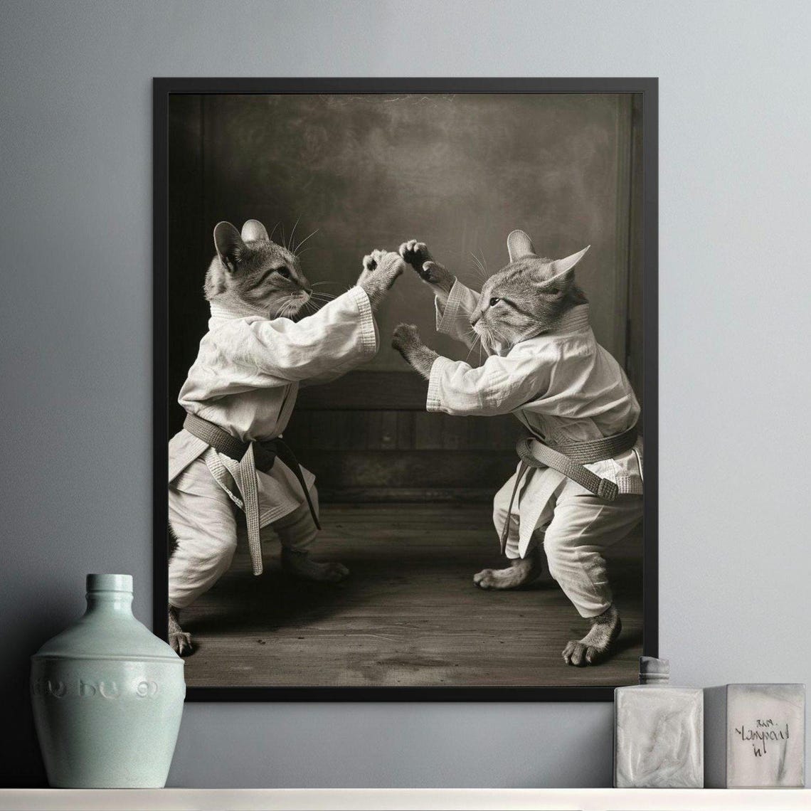 Two Cats Sparring in Karate Gis Vintage Sepia Photography Wall Art