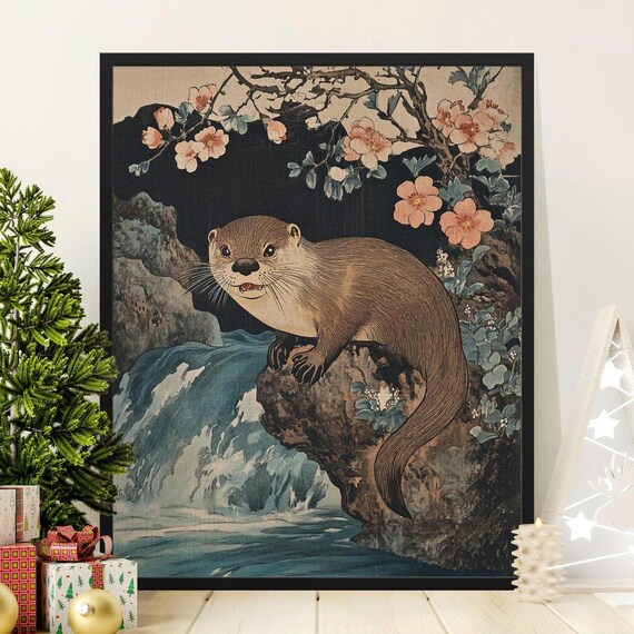 Japanese Ukiyo-e Style Otter With Cherry Blossoms Nature Poster