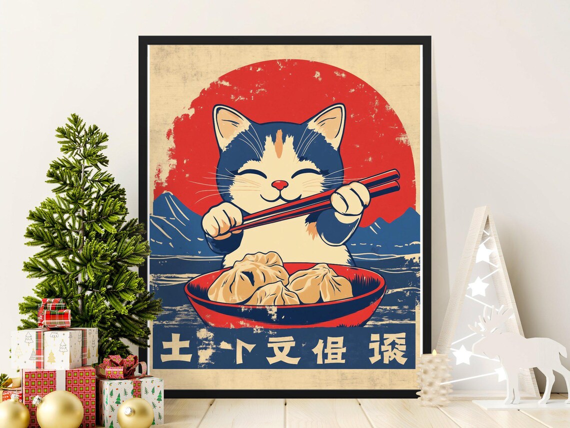 Happy Calico Cat Dumpling Bowl Chopsticks Red Sun Fuji Retro Art Poster