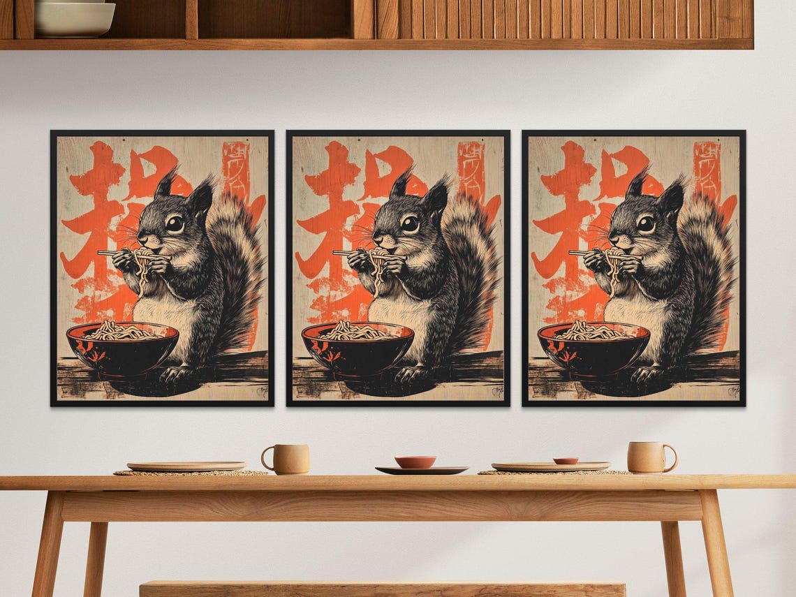 Squirrel Eating Ramen Chopsticks Retro Japanese Ink Drawing Art Poster - Image 2