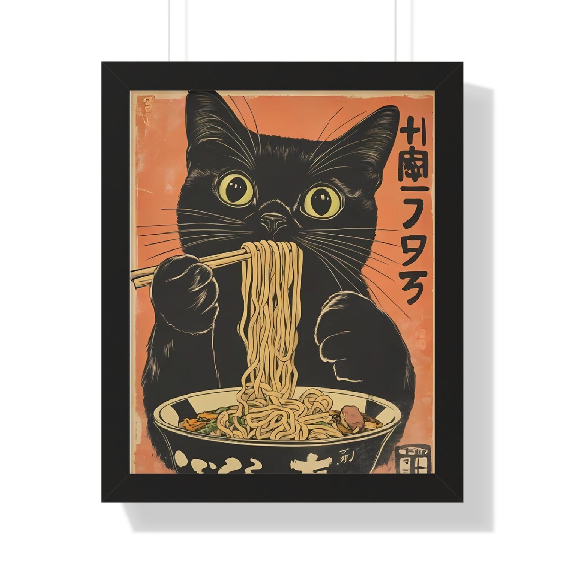 Black Cat Eating Ramen Ukiyo-e Style Japanese Cat Lover Kitchen Wall Art - Image 2
