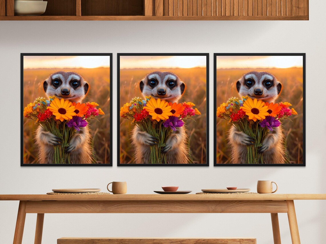 Meerkat Holding Colorful Flower Bouquet Sunset Savanna Cute Wall Art - Image 2
