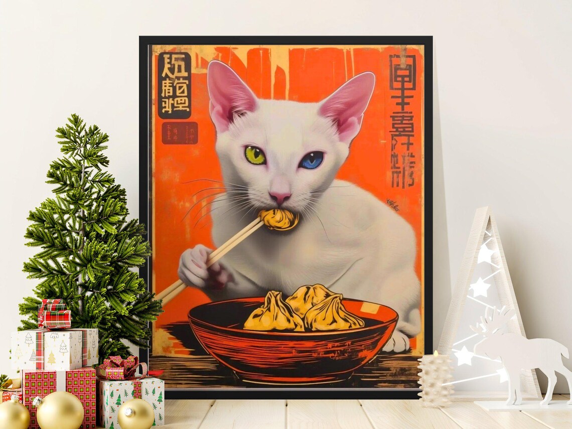White Cat Eating Dumplings Red Bowl Vintage Japanese Art Poster