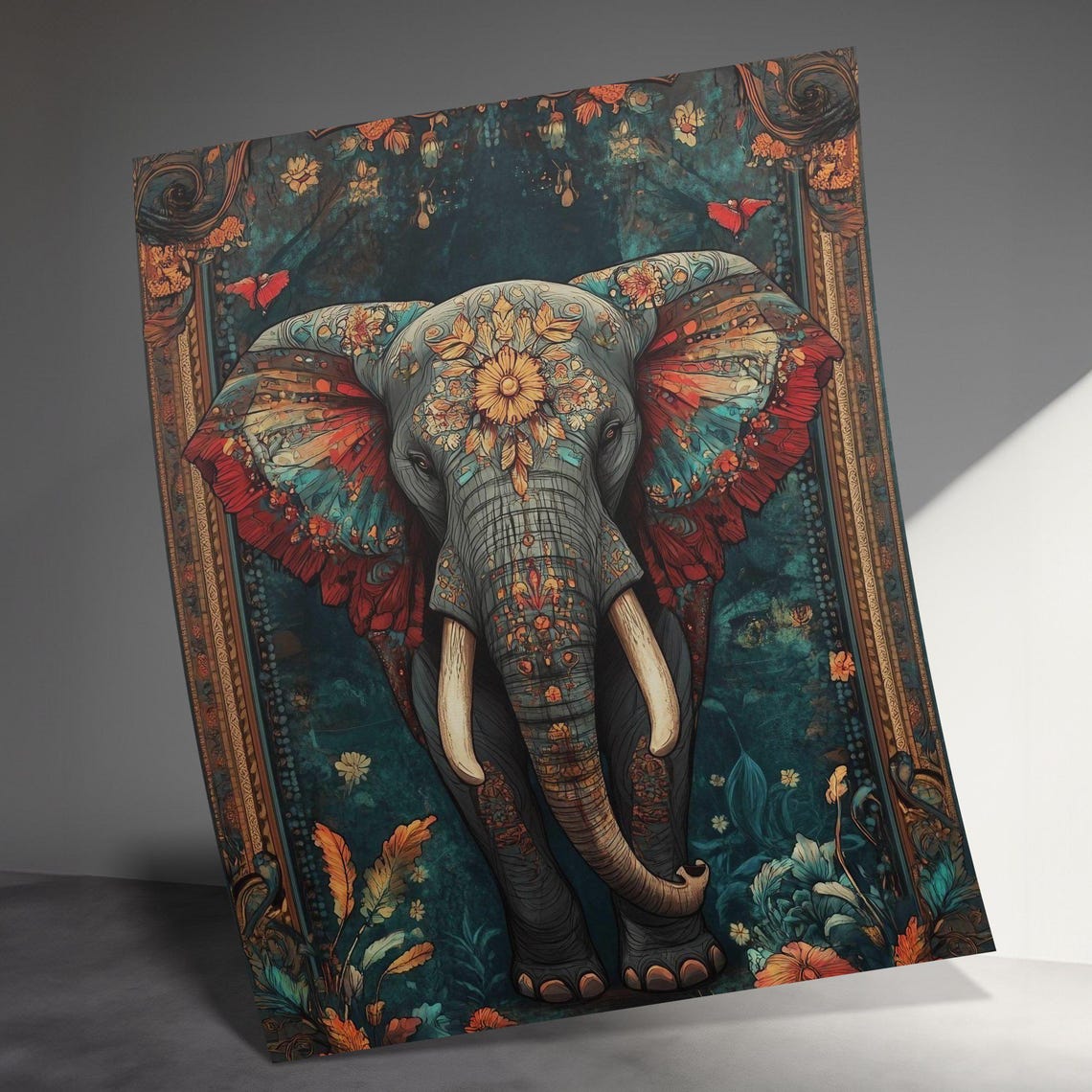 Colorful Boho Floral Mandala Elephant Ornate Teal Decor Wall Art - Image 3