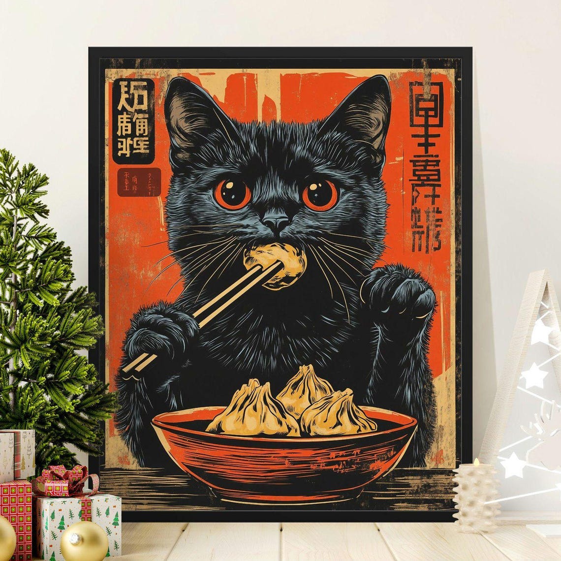 Retro Black Cat Eating Dumpling Chopsticks Japanese Kitchen Poster