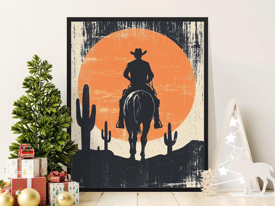 Cowboy Silhouette Riding Horse Toward Desert Sun Western Art Print