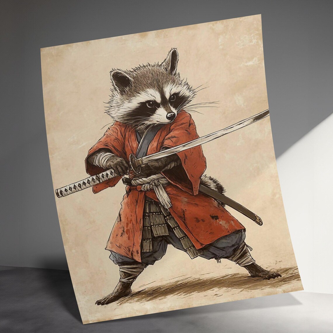 Samurai Raccoon In Red Kimono Drawing Katana Vintage Japanese Art Poster - Image 3