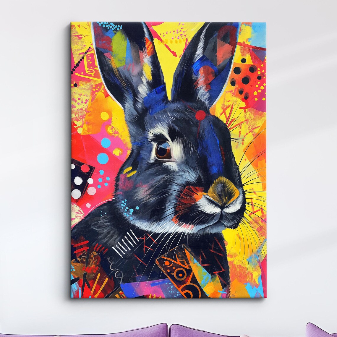 Black Rabbit Colorful Pop Art Portrait Vibrant Splatter Background Poster