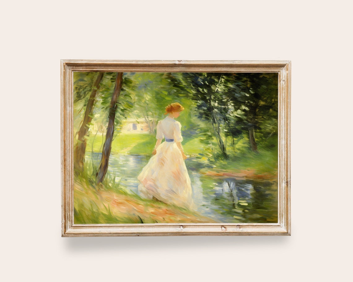 Woman In White Dress Beside Forest Stream Vintage Romantic Poster