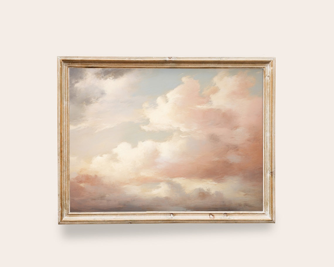 Pastel Pink Sky With Soft Billowy Clouds Dreamy Cloudscape Wall Art