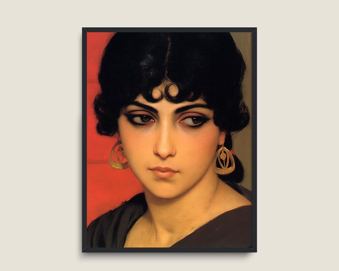 Dark Haired Beauty With Gold Earrings On Red Vintage Portrait Poster - Image 3