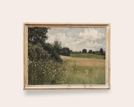 Vintage Field Pastoral Scenery Painting Cottage Nature Landscape Art Art French Cottagecore Decor Muted Tones Painting