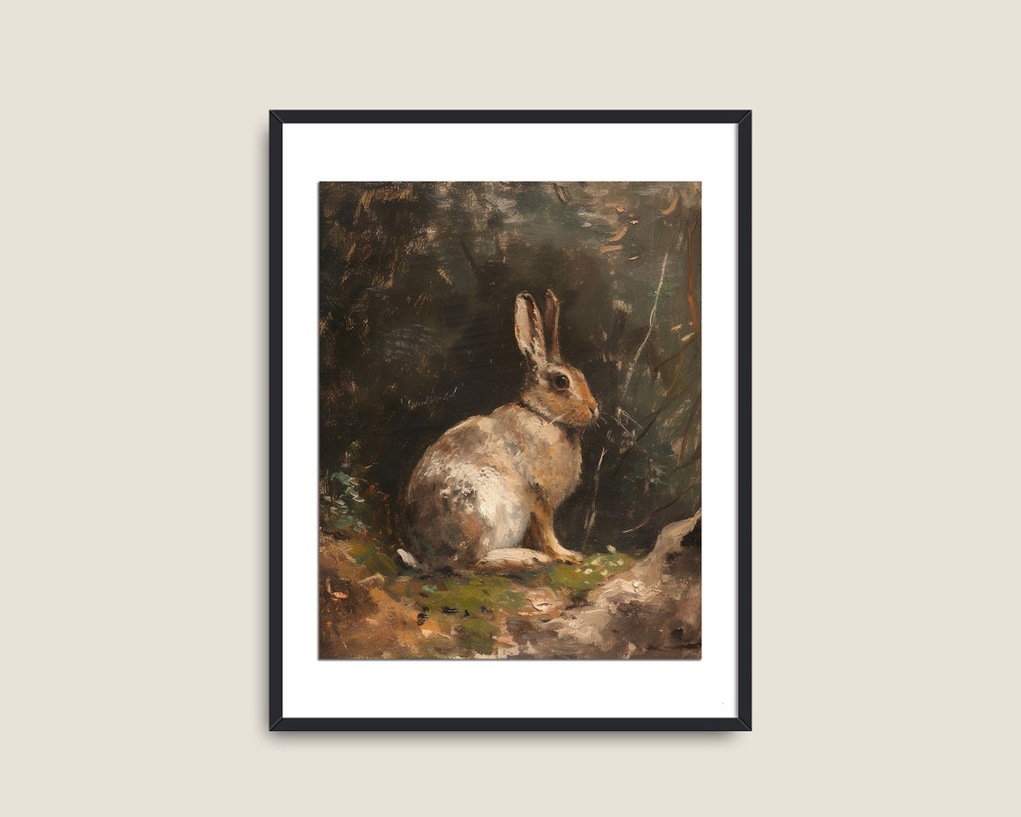 Wild Hare Dark Forest Oil Painting Vintage Moody Rabbit Wall Art - Image 2