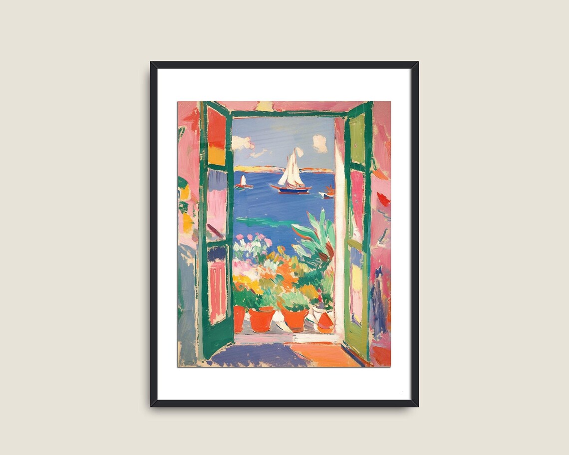 Open Window to the Sea Sailboats Fauvist Coastal Painting Poster - Image 2