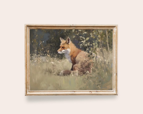 Red Fox Sitting Meadow Realistic Wildlife Painting Vintage Animal Nature Poster