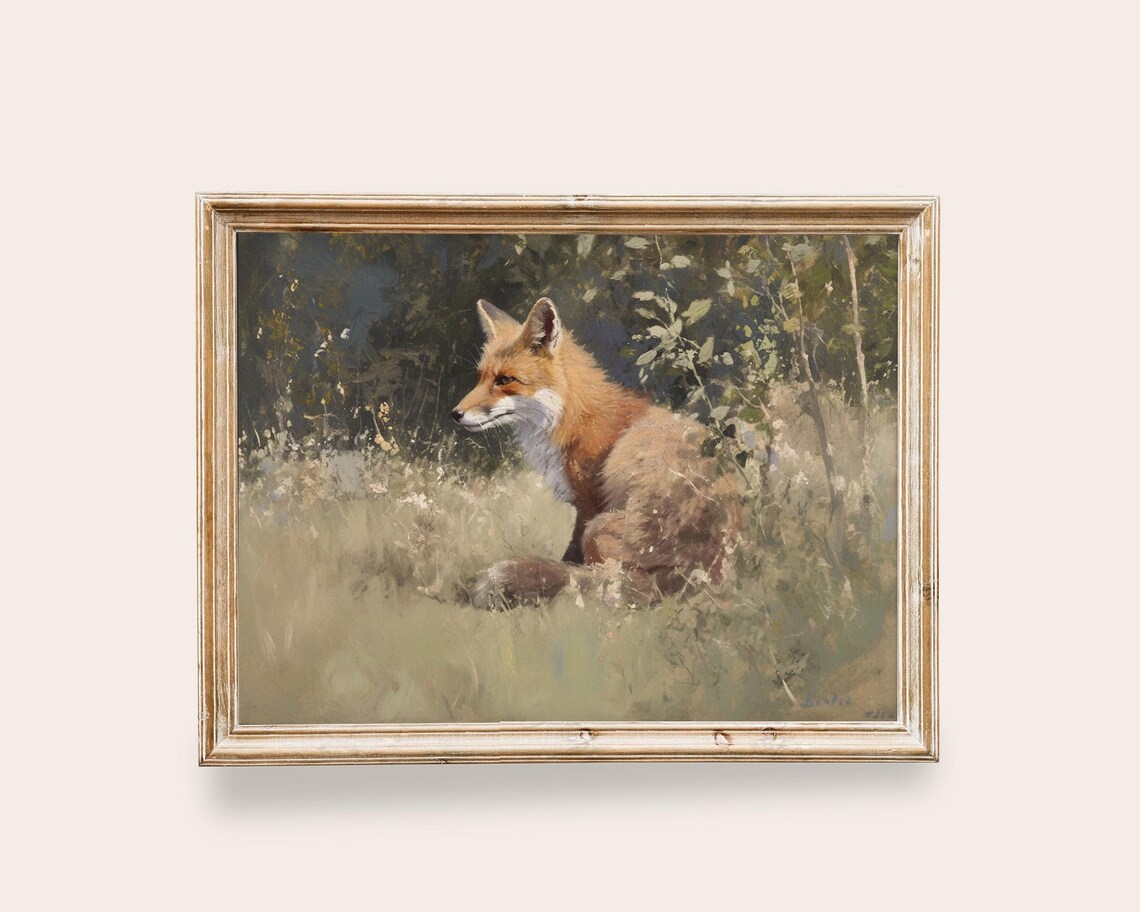 Red Fox Sitting Meadow Realistic Wildlife Painting Vintage Animal Nature Poster