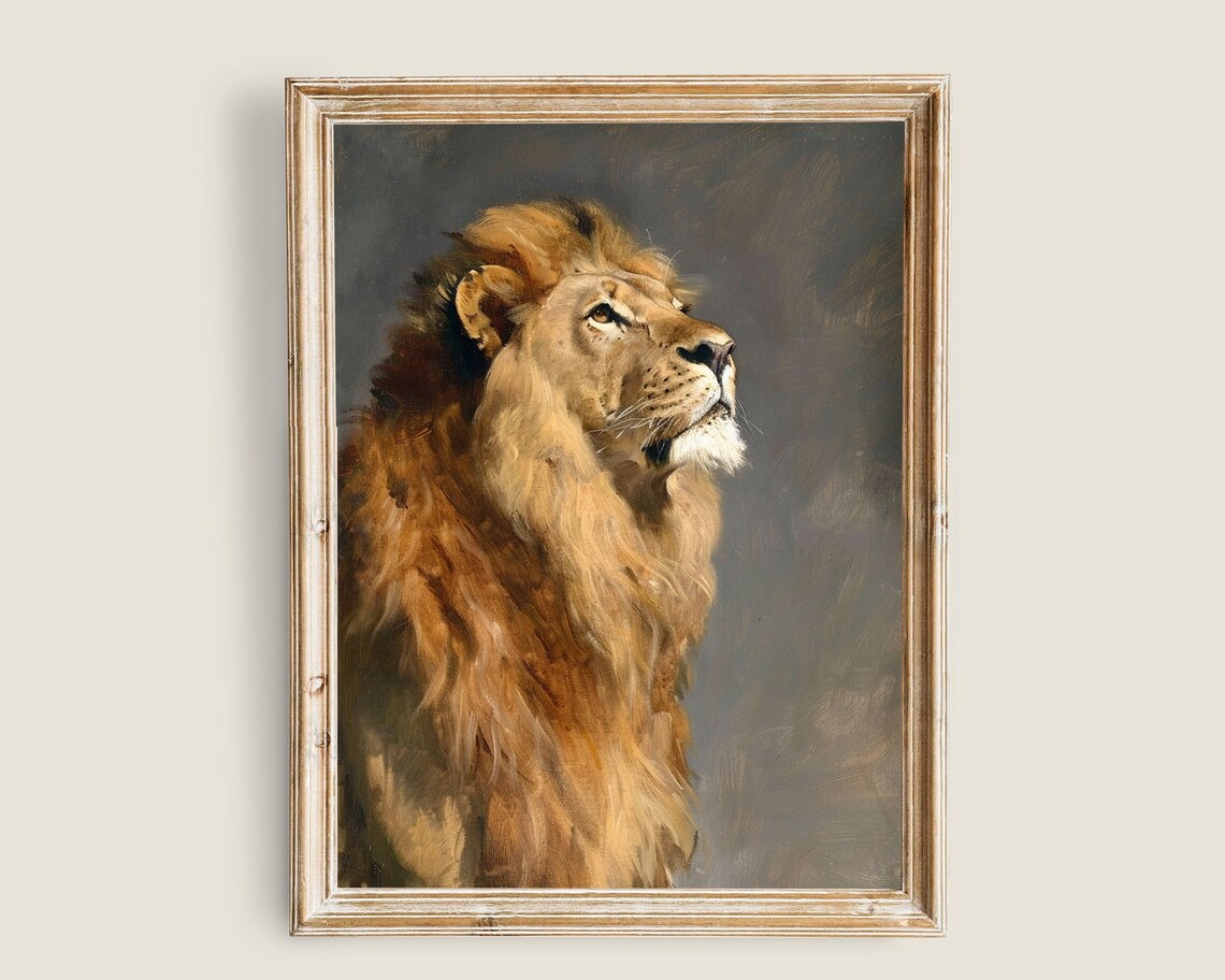 African Lion Male Profile Vintage Oil Painting Majestic Big Cat Print