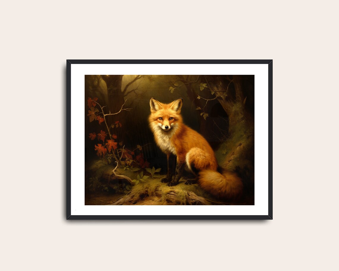 Red Fox Vintage Dark Forest Oil Painting Moody Wildlife Art Print Poster - Image 2